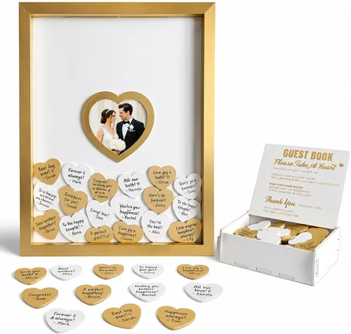 Miniatura 13 de Libro de invitados de boda azul alternativo para recepción con corazones de madera, un marco, decoración de libros, recuerdos para boda, ideas