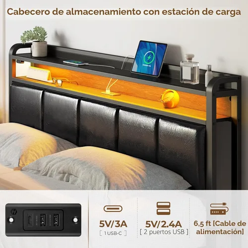 Miniatura 4 de Rolanstar Armazón de Cama Tamaño Queen con Estación de Carga y Luces LED, Cabecera de Cuero PU con Estantes de Almacenamiento, Listones de Metal