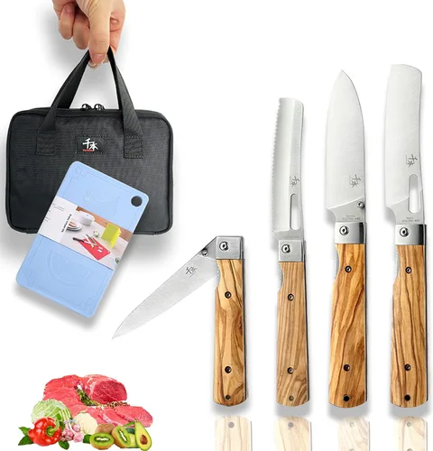Miniatura 8 de SENBON Cuchillo de bolsillo plegable de acero inoxidable 440A con sierra para pan japonés, mango natural de oliva, para camping al aire libre