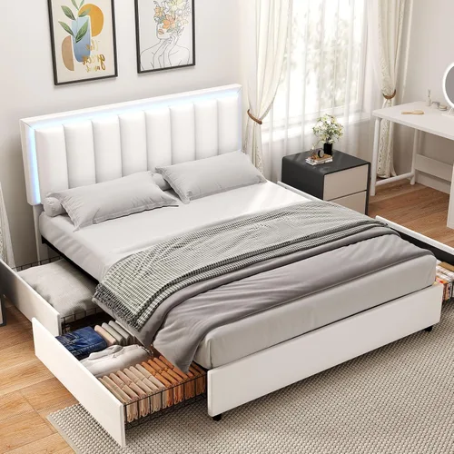 Miniatura 8 de Base de cama tamaño Queen con 4 cajones de almacenamiento, base de cama tapizada Queen con cabecero, luces LED RGB, base de metal resistente y Blanco