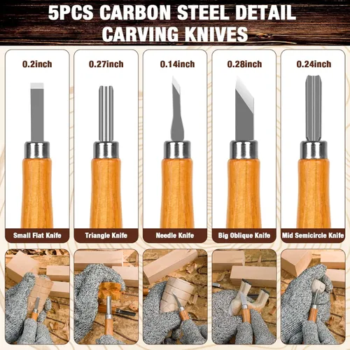 Miniatura 5 de Kit de tallado de madera, 23 piezas de herramientas de tallado de madera con 4 cuchillos de tallado de madera, 5 cuchillos de detalle, 9 bloques