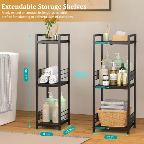 Miniatura 3 de DAOUTIME - Estantería metálica de 3 niveles, expandible, independiente, estrecha, estantes de piso abierto, ideal para baño, cocina, lavandería
