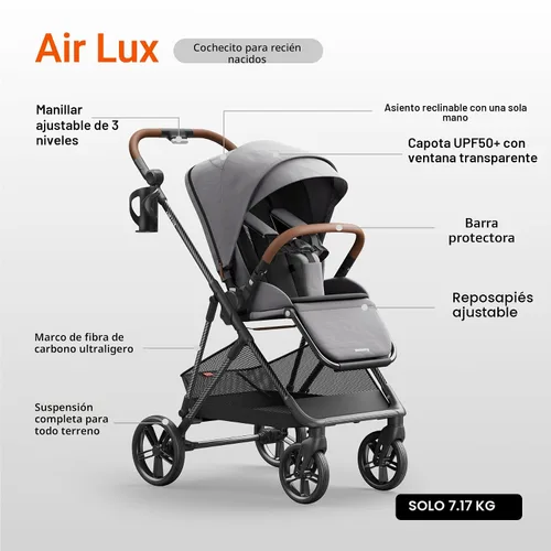 Miniatura 5 de MAMAZING Air Lux - Cochecito de bebé, marco de fibra de carbono de solo 15.8 libras, cochecito plegable compacto para niños pequeños con asiento Gris