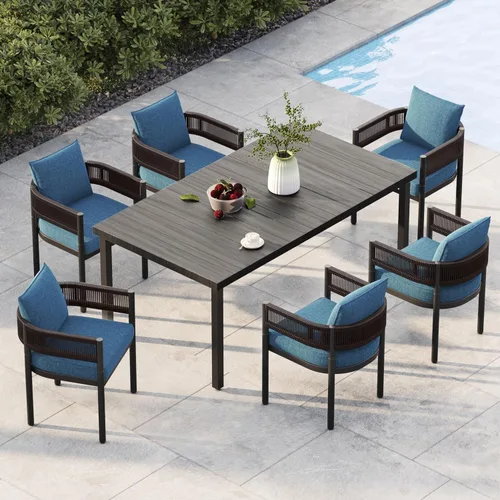 Miniatura 8 de Juego de comedor al aire libre Grand Patio de 5 piezas para 4, sillas de patio fijas de mimbre tejido metálico con cojines engrosados y 1 mesa