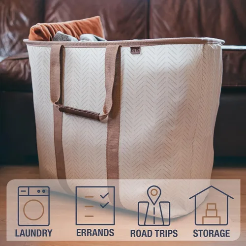 Miniatura 4 de CleverMade Cesta de Lavandería Plegable -LUXE Crema Herringbone 2Pack 64L - Contenedor de Almacenamiento Organizador Plegable Solución para LUXE