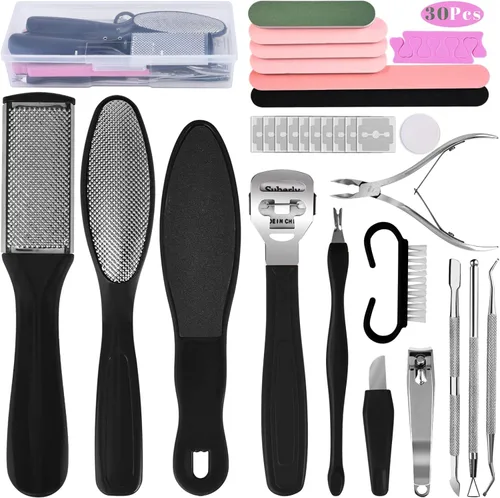 Kit profesional de cuidado de pies, juego de pedicura de 30 piezas con lima de pies, afeitadora de callos, removedor de piel dura (negro)