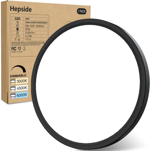 hepside Paquete de 1 lámpara de techo LED de montaje empotrado, color negro, 12 pulgadas, 28 W, regulable 3000K-4500K-6000K, lámpara de techo de 3