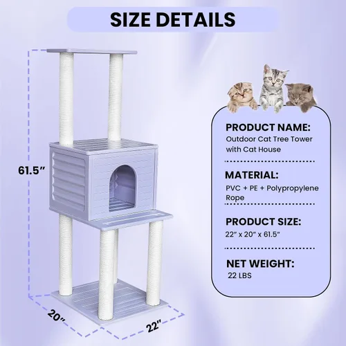 Miniatura 6 de Torre de árbol para gatos de 61.5 pulgadas para interiores y exteriores, casa para gatos al aire libre, condominio grande resistente a la intemperie