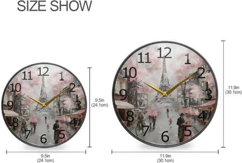 Miniatura 2 de ALAZA París Torre Eiffel Pareja Rosa Floral Acrílico Pintado Silencioso Reloj de pared redondo sin tictac, 9.5 pulgadas, funciona con pilas, reloj