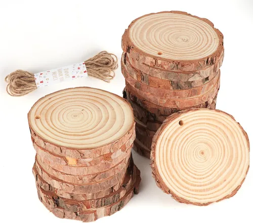 ilauke - Láminas de madera, 30 piezas de 2.4"-2.8" (6.1-7.1 cm) redondas de madera natural con agujero preperforado, círculos de madera con corteza,