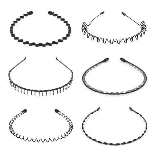 URAQT Diademas de metal, 6 unidades, unisex, color negro, para primavera, onduladas, para deportes, yoga, bandas antideslizantes para exteriores