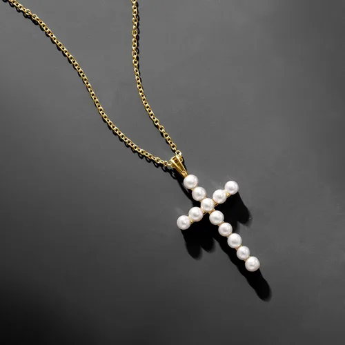 Miniatura 3 de Ross-Simons Collar con colgante de cruz de perlas cultivadas de 0.138-0.157 in en oro de 18 quilates sobre esterlina. 18 pulgadas, Perla, No es una
