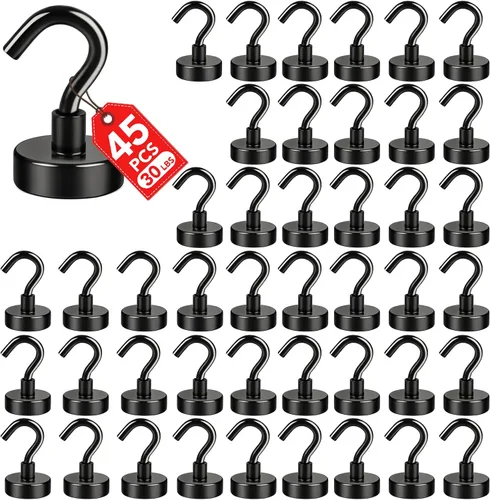 Miniatura 15 de E BAVITE Ganchos magnéticos negros, gancho magnético de neodimio fuerte de 30 libras para crucero, parrilla, toalla, colgar en interiores, cocina