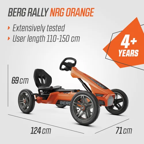 Miniatura 3 de BERG Pedal Kart Rally NRG Naranja Vehículo para niños, kart de pedal con asiento ajustable, con rueda libre, juguetes para niños adecuados