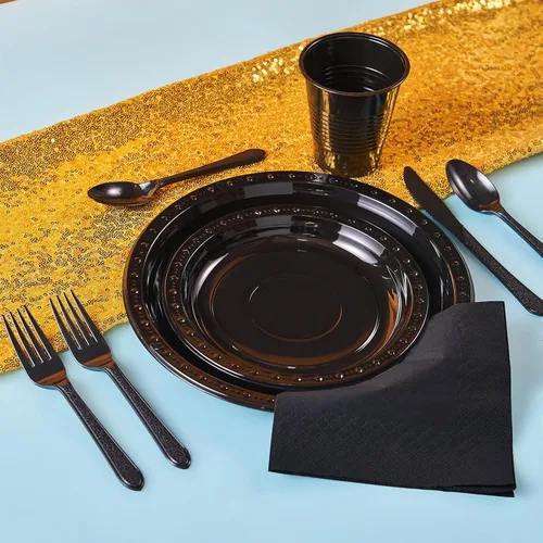 Miniatura 4 de 175 piezas de suministros para fiestas negros, juego de vajilla desechable, platos de plástico y servilletas de papel, vasos, cubiertos, sirve 25