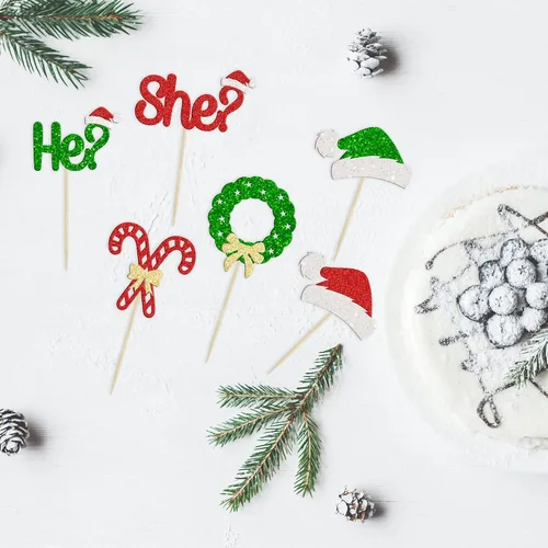 Miniatura 3 de Gyufise 24 piezas Adornos de pastel para revelación de género de Navidad con purpurina, sombrero navideño de Navidad, adorno de pastel de él o ella