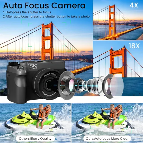 Miniatura 3 de LAMA Cámara digital 5K UHD 75MP para fotografía – Zoom 18X, enfoque automático, 32 GB, cámara de vlogging WiFi anti-vibración con luz de relleno