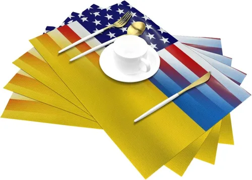 Miniatura 2 de Bandera estadounidense y bandera ucraniana, resistente al agua, paquete de 4 manteles individuales tejidos de PVC, diseño elegante, fácil protección