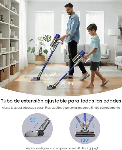 Miniatura 7 de Aspiradora inalámbrica para el hogar, potente aspiradora con filtro HEPA, tiempo de funcionamiento de 55 minutos, luz LED, cepillo antienredos