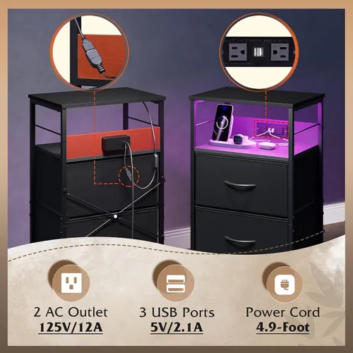 Miniatura 6 de WLIVE Mesita de noche con estación de carga, mesita de noche de 31.9" de altura con 3 cajones de tela, mesa de noche con LED con puertos USB