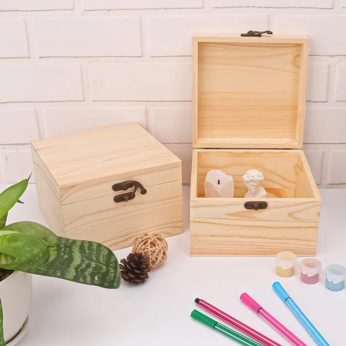 Miniatura 4 de Paquete de 8 cajas de madera de pino liso, 6 x 6 x 4 pulgadas con tapa con bisagras para manualidades y fines decorativos