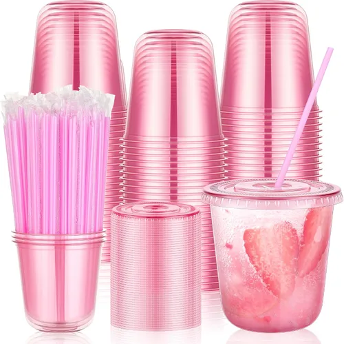 Miniatura 16 de tchrules Juego de 100 vasos de plástico negro de 12 onzas con tapas y pajitas, taza de café helado desechable con tapa, parte inferior redonda