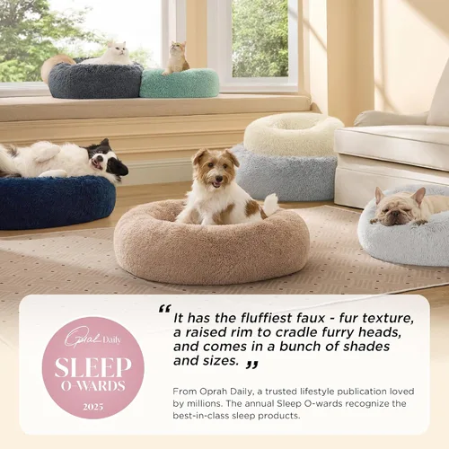 Miniatura 2 de Bedsure - Cama relajante para perros grandes, lavable, tipo dona, antideslizante, redonda, afelpada, mullida, de piel sintética, para mascotas Gris