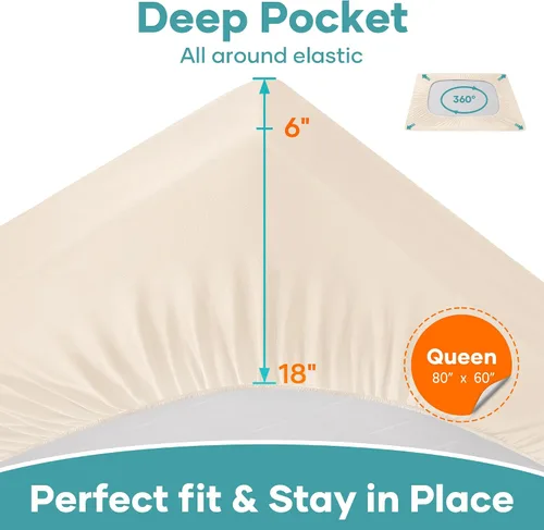Miniatura 4 de OhGeni Protector de colchón 100% impermeable, tamaño Queen Beige, sábana bajera con bolsillos profundos, 6''-18'', material suave transpirable sin