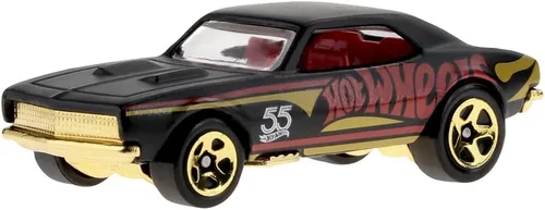 Hot Wheels - Vehículo coleccionable fundido a presión, edición 55 aniversario, negro y dorado, inspirado en el auto deportivo Chevy Camaro del 67 ~