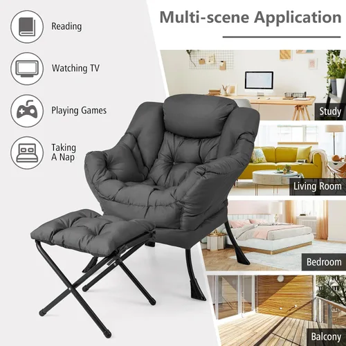 Miniatura 9 de Giantex Silla perezosa con otomana, sofá decorativo con reposapiés plegable, bolsillo de almacenamiento lateral, sillón tapizado de ocio con Gris