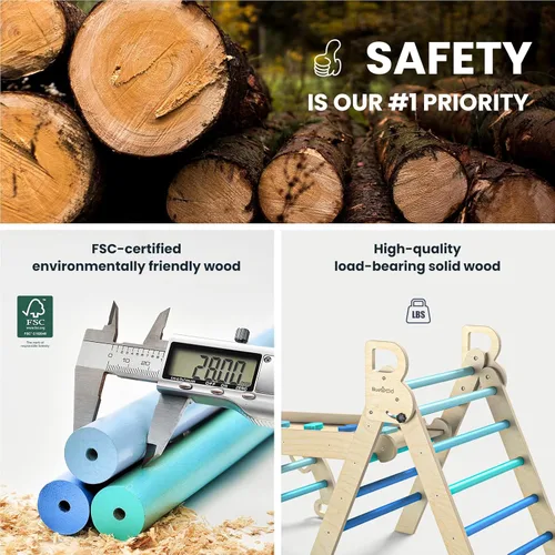 Miniatura 4 de BlueWood Juego de Triángulo Pikler, 7 en 1 Plegable de Madera Juguetes de Escalada para Niños Pequeños Parque Infantil Interior Gimnasio de la Selva