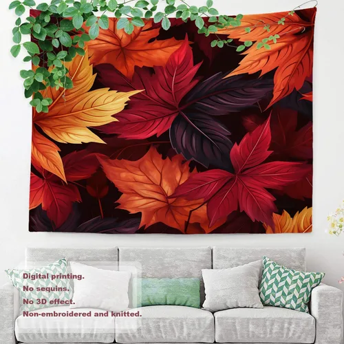 Miniatura 3 de Shrahala Tapiz de pared de hojas de arce otoñal, hojas rojas sin costuras sobre negro para colgar en la pared, tapiz grande decorativo de fibra