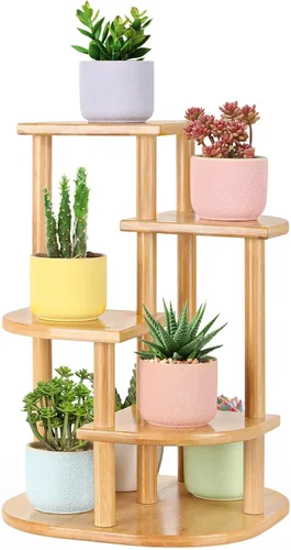 Jotsport Soporte de bambú de 5 niveles para plantas, estante pequeño para alféizar de ventana, mini suculentas, soporte de exhibición para sala de