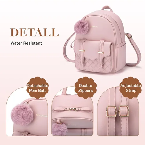 Miniatura 5 de Missnine Mini mochila para mujer, bonita mochila pequeña con pompón, de piel sintética, mochila pequeña casual para mujer, rosado (2-Pink)