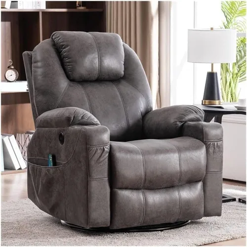 Electric Swivel Rocker Recliner with Massage & Heat Power Reclining Lounge Chair with Remote, Cup Holders, USB Ports Oversized Gray Glider Recliner