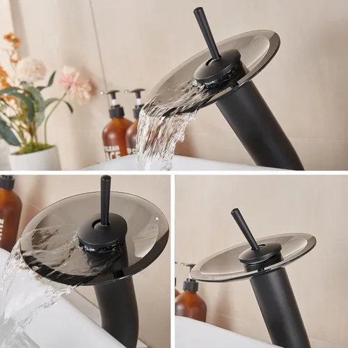 Miniatura 5 de Grifo de Baño de Cascada de Vidrio con Mango Único de Latón Macizo para Lavabo Lavatorio Vessel Sink Vanity, Alto, Negro
