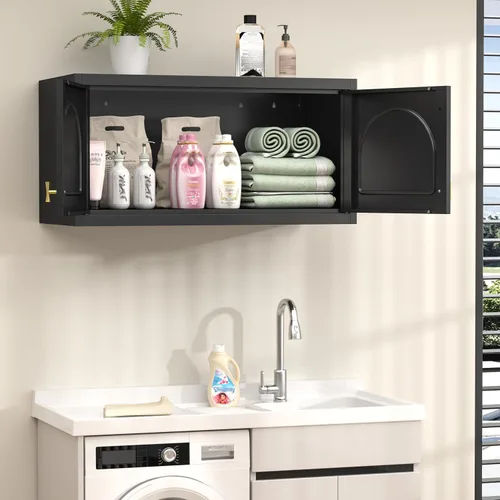 Miniatura 2 de Gabinete de Pared de Metal de 81 cm con 2 Puertas, Gabinetes Colgantes Negros con Manija, Gabinetes de Vestir de Metal, Armario Vestidor Clóset