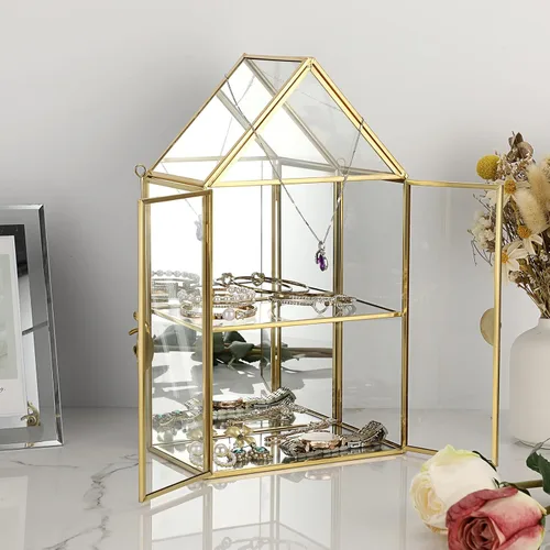 Miniatura 6 de ELLDOO Caja de almacenamiento de cristal transparente de 2 niveles, estuche organizador de maquillaje de joyería con espejo dorado, caja de torre