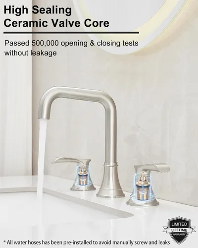 Miniatura 4 de Grifo de baño de 3 agujeros de níquel cepillado, grifo giratorio de 360 grados de 8 pulgadas, 2 asas para fregadero de baño con manguera de Mate