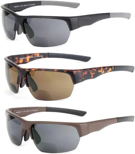 Paquete de 3 lentes de sol bifocales de lectura para hombres y mujeres con almohadilla nasal ajustable, lectores de sol tintados envolventes