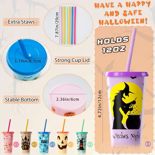 Miniatura 6 de OOINQQ Vasos que cambian de color de Halloween para niños, 6 vasos de plástico de 12 onzas con tapa y popote en 6 colores para café, té, bebidas