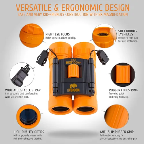 Miniatura 3 de BeBison - Binoculares para niños, óptica real de alta resolución de 8 x 21 pulgadas, binoculares compactos plegables a prueba de golpes, para Naranja