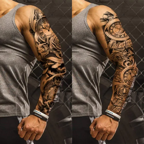 Miniatura 5 de 4 hojas de tatuajes temporales de brazo completo para adultos, color rosa pistola de tatuajes, impermeables, arte corporal de larga duración