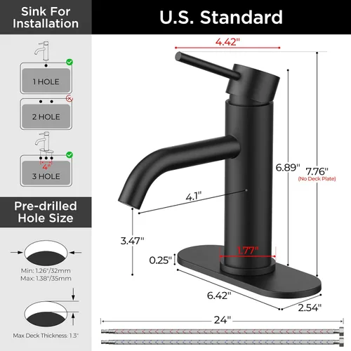 Miniatura 4 de FORIOUS - Grifos de baño negro mate de 1 agujero, grifo de lavabo de acero inoxidable con desagüe emergente de metal y manguera de suministro