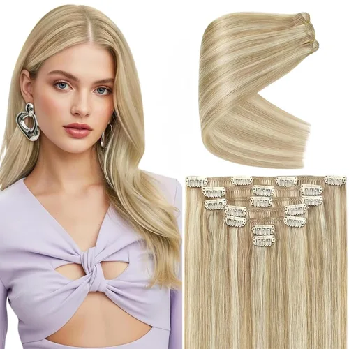 Miniatura 22 de Ve Sunny Extensiones de cabello clip-in de cabello humano real con reflejos, extensiones de cabello con clip para cabello corto, marrón oscuro