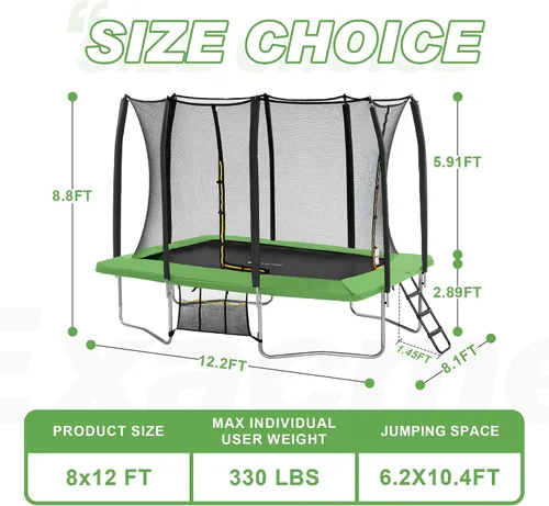Miniatura 5 de Exacme Trampolín rectangular de 7 x 10, 8 x 12, 9 x 14 pies, para niños, dobles aberturas de cerramiento, trampolín rectangular pequeño para Verde
