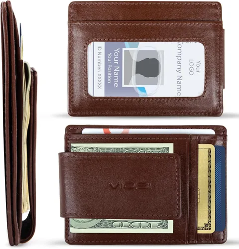Miniatura 2 de Billetera con clip magnético con bolsa frontal de cuero de hombre, Viosi RFID, Marrón