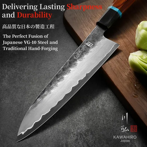 Miniatura 7 de Cuchillo de chef japonés KAWAHIRO, cuchillo de cocina forjado negro de 210mm VG10, cuchillo de chef profesional hecho a mano con mango ergonómico