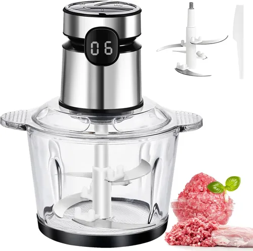 Procesador eléctrico de alimentos, picadora de verduras de 500 W, picadora de carne con 8 tazas/2 litros de vidrio y temporizador, cortador