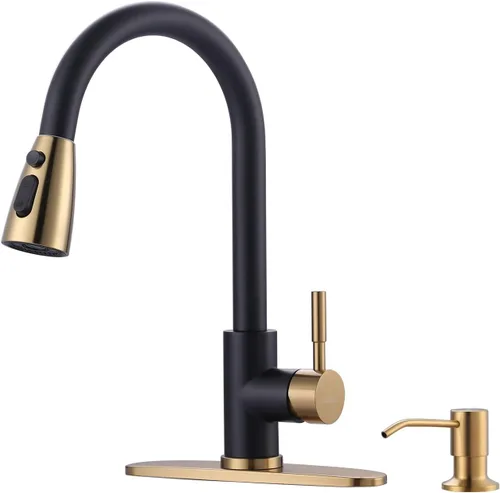 Miniatura 9 de WOWOW - Grifo de cocina cromado con rociador, grifo de fregadero de cocina extraíble de acero inoxidable con placa de cubierta, grifo de cocina